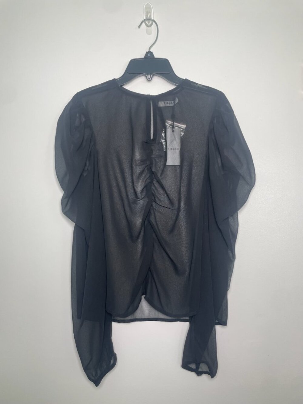 Pieces PCSinna Black Sheer Draped Chiffon Blouse S NWT